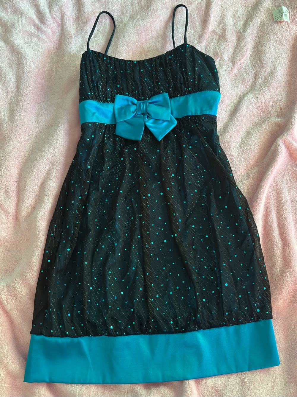 Vintage Deb Blue and Black Cami A-Line Sparkly Bow Ribbon Mini Dress Large